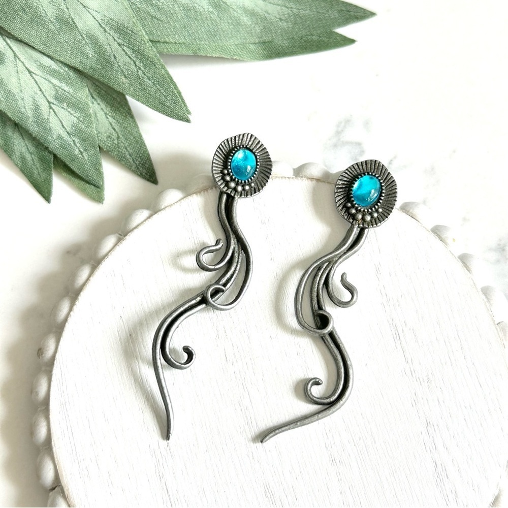 2/$30🌵 Blue Stone Octopus Jelly Fish Earrings Long Ocean Marine Silver NEW